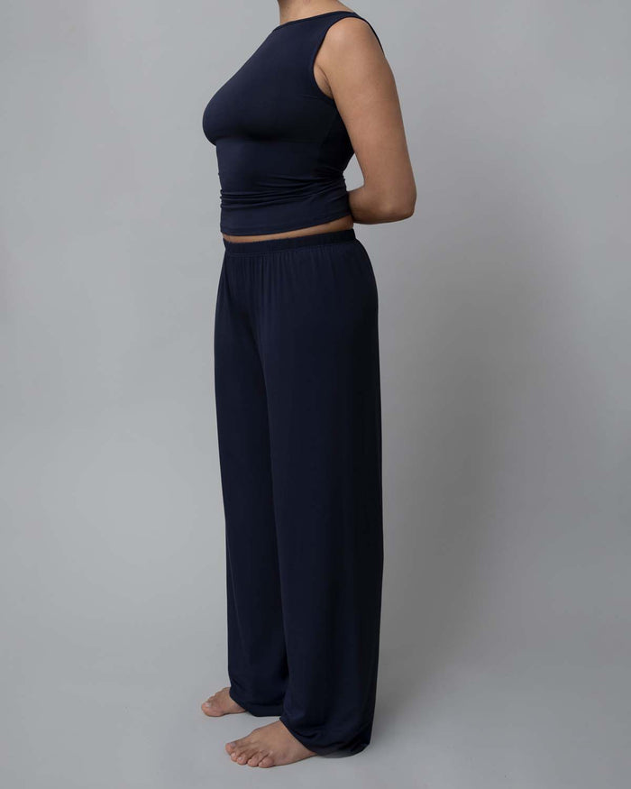 Side View of Recline Pant in Navy from KYE Intimates in Los Angeles.