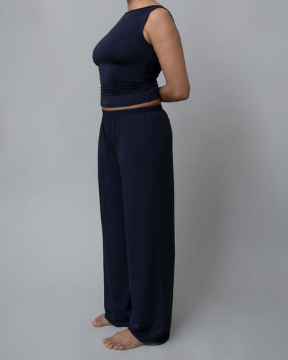 Side View of Recline Pant in Navy from KYE Intimates in Los Angeles.