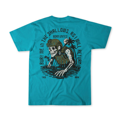 The Shallows by Born United Private Label is a turquoise tee featuring a skeleton in military gear rising from water, with palm trees and the text Bury me in the shallows, as I will return above and below the graphic.