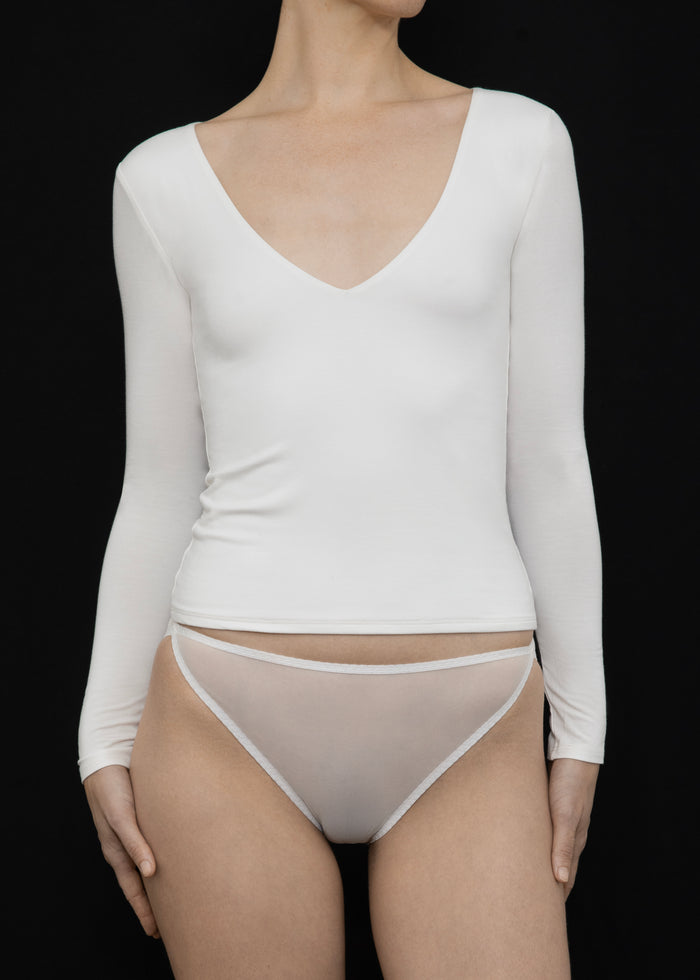 Front View of Recline V Long Sleeve in Natural from KYE Intimates in Los Angeles