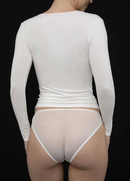 Back View of Recline V Long Sleeve in Natural from KYE Intimates in Los Angeles