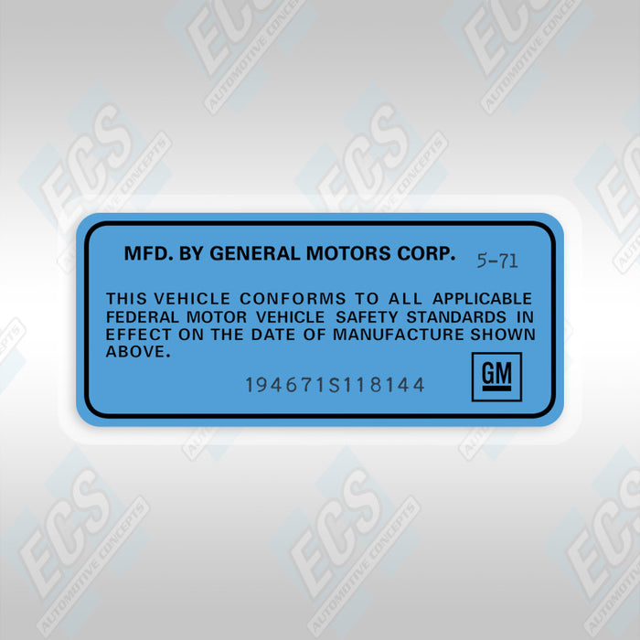 VIN Data Decal (1969-72 GM Vehicles)