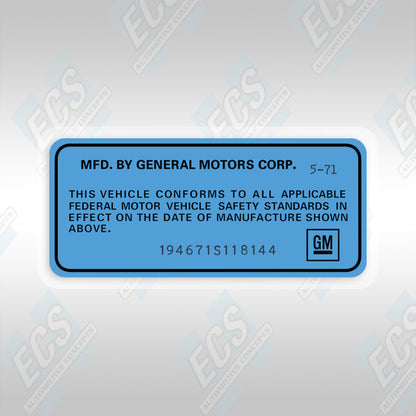 VIN Data Decal (1969-72 GM Vehicles)