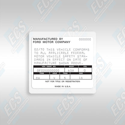 VIN Data Decal (1970-71 Ford Vehicles)