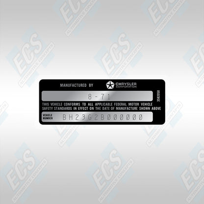 VIN Data Decal (1972-89 Mopar Vehicles)