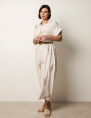 Linen Belted Dress With Feather Embroidery